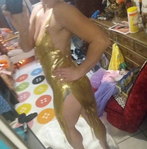 Metallic Gold Chain Link Sexy Low Cut Dress - Picture 10 of 10